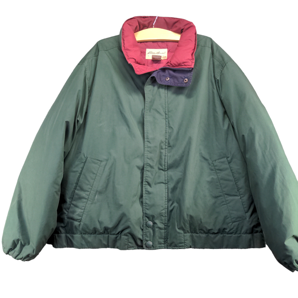Eddie Bauer Men's Full Zip Goose Down Jacket Green XL Lined Mock Neck